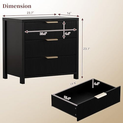 Fluted Nightstand, 23.7'' Wide Night Stand with 3 Drawers, Mid-Century Modern Bedside Table with Handles, Wood End Table for Bedroom, Black