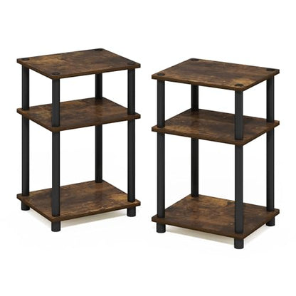 Furinno JUST Side Table Set of 2, 3-Tier Modern End Tables, Open Shelves Night Stand, Nightstand Set, Toolless Assembly, for Living Room, Bedroom, Amber Pine - color: Amber Pine/Black, size: 3-Tier, Round Pole, style: 2-Pack