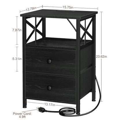 AMHANCIBLE Nightstands Set of 2, Large Night Stand with Charging Station | Bedside Table with 2 Fabric Drawers, End Side Tables Living Room, with Open Shelf, USB Ports Outlets, for Bedroom, Black - color: Black