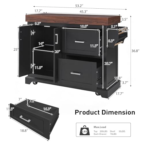 53.2" Rolling Kitchen Island with Storage, 3.5" Thick Countertop, Spice Rack, Towel Rack, Drawer & Cabinet - Mobile Kitchen Cart on Wheels for Kitchen, Dining Room, Black - color: Black