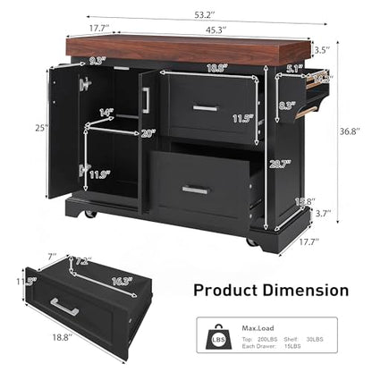 53.2" Rolling Kitchen Island with Storage, 3.5" Thick Countertop, Spice Rack, Towel Rack, Drawer & Cabinet - Mobile Kitchen Cart on Wheels for Kitchen, Dining Room, Black - color: Black