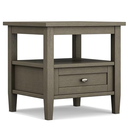 SIMPLIHOME Warm Shaker End Table - 20" Wide x 20" High Solid Wood Side Table in Farmhouse Grey, Transitional Accent Table for Living Room or Bedroom with Drawer, Open Shelf and Square Tapered Legs - color: Farmhouse Grey, size: 20 inch, style: End Table