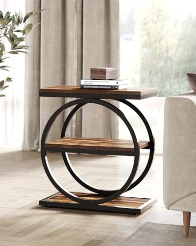 LITTLE TREE End Table Set 2, Side Table with 3 Tiers Shelves, Slim Sofa Side Table for Living Room, Tall Bedside Table Nightstand for Bedroom, Rustic Brown and Black - color: Rustic Brown