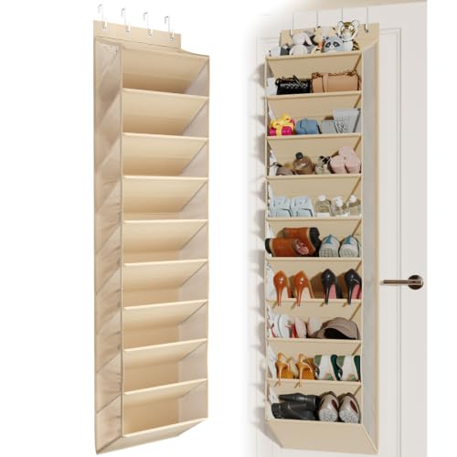 Mefirt 20-25 Pairs Over the Door Shoe Organizer, Clear Pockets Shoe Rack for Closet Door, 10-Tier Hanging Shoe Rack for Boots, Behind the Door Shoe Holder Fit All the Family's Sneakers, Heels, Beige - color: Beige 20-25 Pairs PVC Window