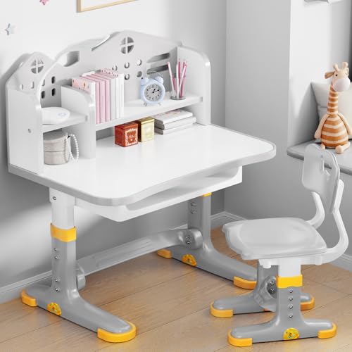 Kids Desk and Chair Set, Height Adjustable Child's School Study Writing Tables, Kids Desk with Bookstand and Storage Drawer, Widened Desktop with Desktop for Boys and Girls (Gray-B) - color: Gray-b