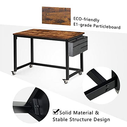 AHB 39" Rolling Computer Desk with 4 Smooth Wheels, Simple Style Mobile Writing Desk Home Office Study Table Movable Workstation with Metal Frame - color: Brown, size: 39"