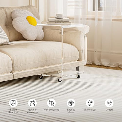 C-Shape Acrylic Side Table with Wheels,13.8" L x 13" W x 22" H x 1/2" Thick Clear End Table,Transparent Nightstand with Waterfall Edges,Modern Lucite Side Table for Living Room - size: 13.8" L x 13" W x 22" H