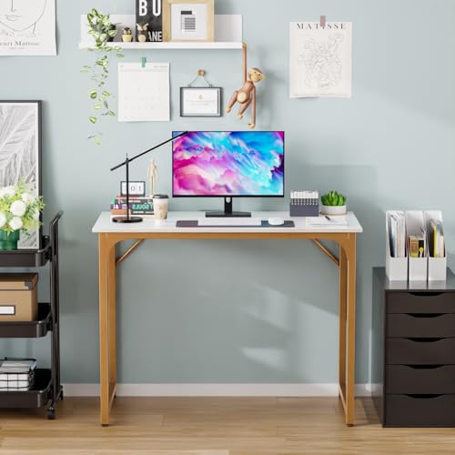 Dkelincs 40 Inch Small Computer Desk Home Office Desk Writing Desk Modern Simple Style Study Work Table with Metal Frame, Easy Assembly, Adjustable Feet, Water-Resistant, Scratchproof Surface, Gold - color: Gold, size: 40 Inch