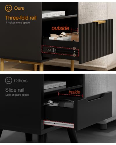 Nightstand,Modern Bedside Table with Gold Frame,White Night Stand,Bedside Furniture, Modern Side Table with Drawer and Shelf for Bedroom (Black) - color: Black