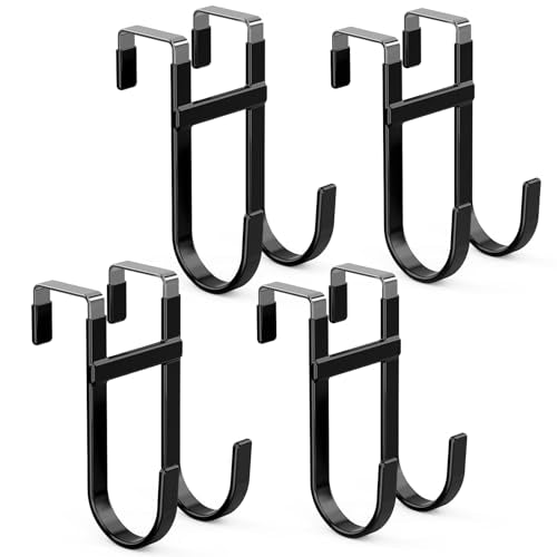 FYY Over the Door Hooks, Double-Hanger 4 Pack, Fits Doors 1 3/8" Black | Heavy Duty Metal, Hold 100lbs, Rubber-Coated, No-Drilling, for Bathroom Dorm, Hanging Clothes Towels Bags Ironing Board Robe - color: Black, size: 5.12" Long, Fit Interior Doors Up t