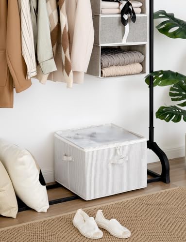 StorageWorks Shoe Organizer for Closet, Fits up to 16 Pairs, Shoe Cubby Storage Containers with Adjustable Dividers and Clear Cover, Khaki and Beige Stripes | Adjustable Dividers, Holds up to 16 Pairs, Foldable, Clear Lid, Soft Handles, Fits Sneakers, San