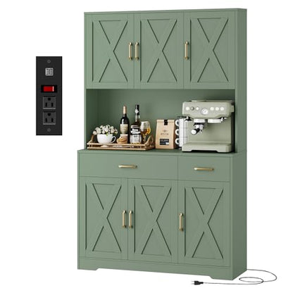 HOSTACK 71" Pantry Cabinet with Charging Station, Tall Kitchen Pantry Storage Cabinet with Microwave Stand, Farmhouse Kitchen Hutch with Storage Drawers for Living Room, Dining Room, Green - color: Green