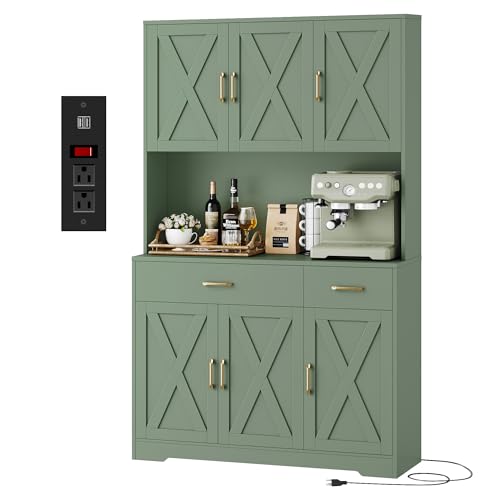 HOSTACK 71" Pantry Cabinet with Charging Station, Tall Kitchen Pantry Storage Cabinet with Microwave Stand, Farmhouse Kitchen Hutch with Storage Drawers for Living Room, Dining Room, Green - color: Green