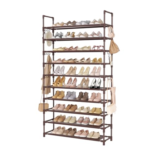 LANTEFUL Tall Shoe Rack 10 Tier Shoe Organizer Large Shoe Shelf with 18 Hooks Storage for 50 Pair Sneaker and Boot, Stackable Vertical Shoe Rack Organizer for Closet, Entryway, Bedroom, Brown - color: Brown, size: 10 Tier-68" High-34" Wide