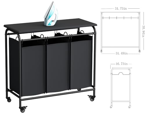 LINZINAR 3-Bag Laundry Hamper with Ironing Board, Black 135L Laundry Sorter | Laundry Room Organization with Heavy Duty Rolling Lockable Wheels and Removable Bag, Bedroom Laundry Cart for Clothes Storage - size: 3 Bags Black with Board