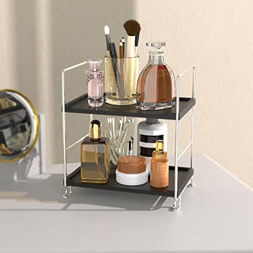 2-Tier Bathroom Organizer Countertop Storage Shelf, Vanity Tray Cosmetic Stackable Storage Rack, Kitchen Spice Rack (Chrome + Black) - color: Black + Sliver