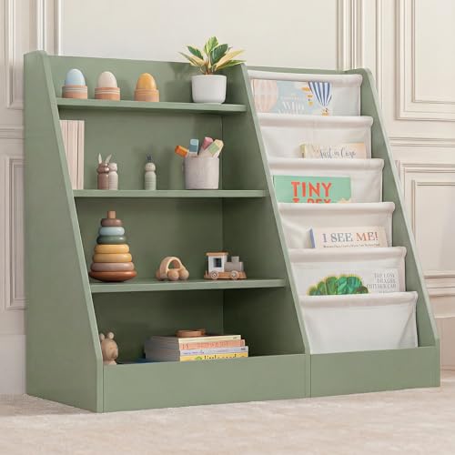 Comfy Cubs Kids Bookshelf 35.2 x 15.7 x 31.5 Inches - Sturdy MDF Montessori Book Shelf with Soft & Hard Shelves for Toys & Books - Child-Friendly, Easy Access Storage Organizer for Kids - Sage - color: Sage