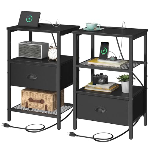 sthmec Nightstands Set of 2, Black Night Stands with Charging Station, Bedside Tables with Drawers PU Finish, 2-Tier Side Table with Open Shelf, Nightstands with Drawer,Black - color: Black, style: Power