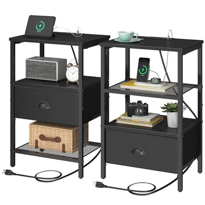 sthmec Nightstands Set of 2, Black Night Stands with Charging Station, Bedside Tables with Drawers PU Finish, 2-Tier Side Table with Open Shelf, Nightstands with Drawer,Black - color: Black, style: Power