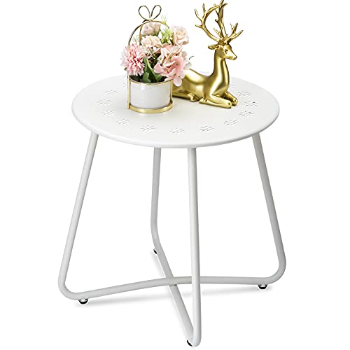 danpinera Outdoor Side Tables with Flower Cut Outs, Weather Resistant Steel Patio Side Table, Small Round Outdoor End Table Metal Side Table for Patio Yard Balcony Garden White - color: White