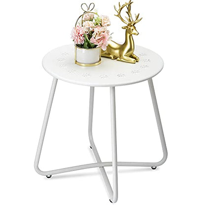 danpinera Outdoor Side Tables with Flower Cut Outs, Weather Resistant Steel Patio Side Table, Small Round Outdoor End Table Metal Side Table for Patio Yard Balcony Garden White - color: White