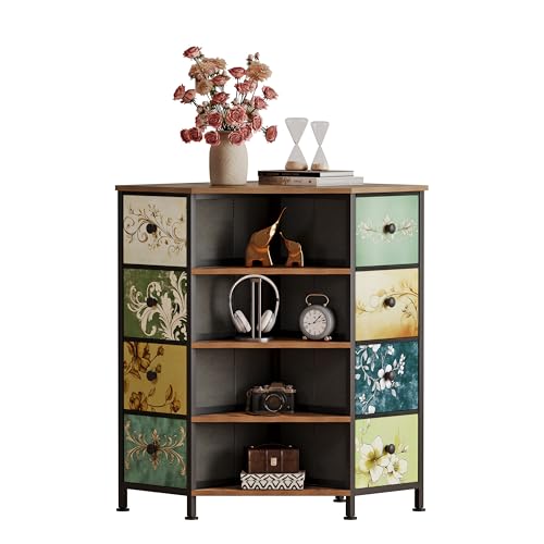 LUMTOK 8 Drawers Corner Dresser with Fabric Drawers and Shelf for Bedroom | Retro Corner dresser with wooden top&4 open shelves,Corner shelf with fabric drawers&Steel Frame for Living Room,Closet - color: Retro Pattern
