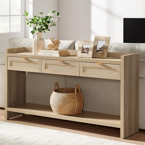 SICOTAS Rattan Console Table for Entryway - Large Boho TV Console Table Entry Table with 3 Storage Drawers, 60" Long Sofa Table Behind Couch for Living Room, Hallway, Foyer - color: Reclaimed Light Oak, size: 1 Piece