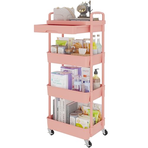 Calmootey 4-Tier Rolling Utility Cart with Drawer,Multifunctional Storage Organizer with Plastic Shelf & Metal Wheel,Storage Cart for Kitchen,Bathroom,Living Room,Office,Pink | Space-Saving Organizer, Sturdy Plastic Shelves, Smooth-Rolling Metal Wheels, B