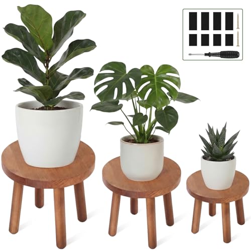 Pinkunn 3 Pcs Wood Plant Stand Indoor Plant Stand for 3-12 Inch Pots Mid-century Modern Plants Stool Plants Pot Holder Home Decor for Balcony Living Room Office Courtyard Detachable(Round Style) - style: Round Style
