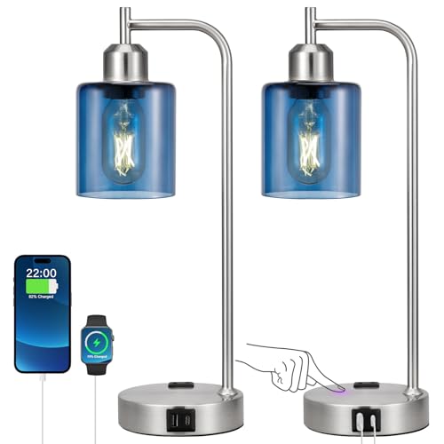 Innqoo Industrial Blue Table Lamps for Bedrooms Set of 2-3-Way Dimmable Desk Lamp with USB C+A Ports and Outlet, Nickel Lamps with Green Glass Shade for Living Room - color: Blue Shade& Nickel Base