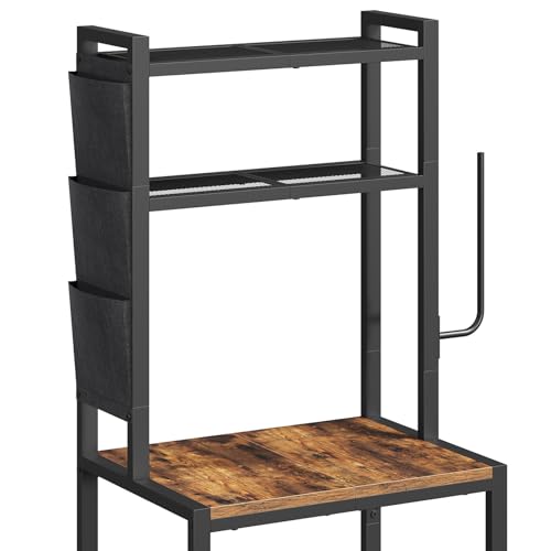 MAHANCRIS Bakers Rack with Mini Fridge Shelf, 3-Tier Microwave Stand, Coffee Bar Station with Paper Holder, Freestanding Kitchen Storage Rack, for Kitchen, Rustic Brown and Black BRHR5401 - color: Rustic Brown and Black