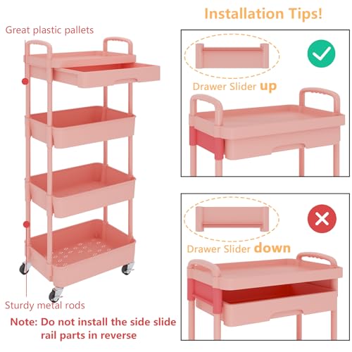 Calmootey 4-Tier Rolling Utility Cart with Drawer,Multifunctional Storage Organizer with Plastic Shelf & Metal Wheel,Storage Cart for Kitchen,Bathroom,Living Room,Office,Pink | Space-Saving Organizer, Sturdy Plastic Shelves, Smooth-Rolling Metal Wheels, B
