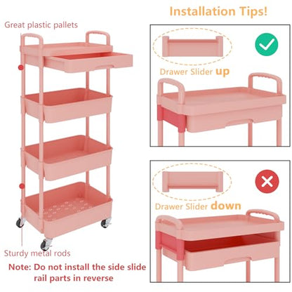 Calmootey 4-Tier Rolling Utility Cart with Drawer,Multifunctional Storage Organizer with Plastic Shelf & Metal Wheel,Storage Cart for Kitchen,Bathroom,Living Room,Office,Pink | Space-Saving Organizer, Sturdy Plastic Shelves, Smooth-Rolling Metal Wheels, B