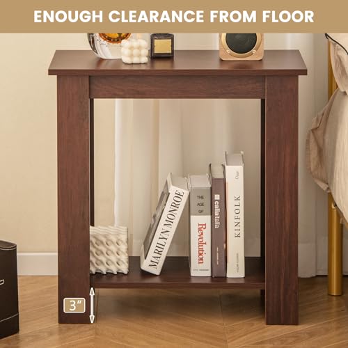 Giantex Narrow End Table Set of 2, 2-Tier Side Table with Open Storage Shelf, Retro Wood Sofa Table Bedside Tables for Small Spaces, Slim Nightstand for Living Room, Bedroom, Easy Assembly, Walnut - color: Walnut