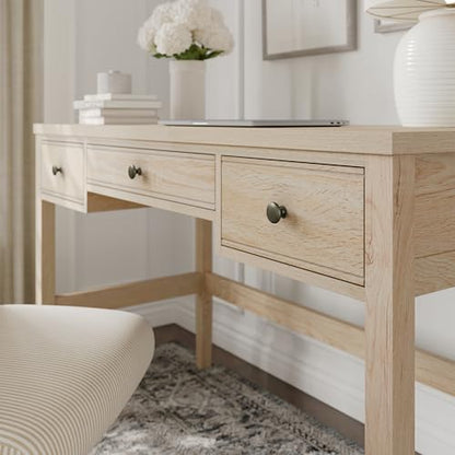 Martha Stewart Rhett Writing Desk with 3 Drawers and Tapered Legs in Light Natural with Antique Bronze Hardware