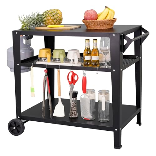 LEETOLLA Outdoor Grill Cart with Wheels, BBQ Prep Table | 3-Tier Rolling Cart, 200LBS Capacity, Cooking Station, Grill Stand, Metal Cart - color: Black