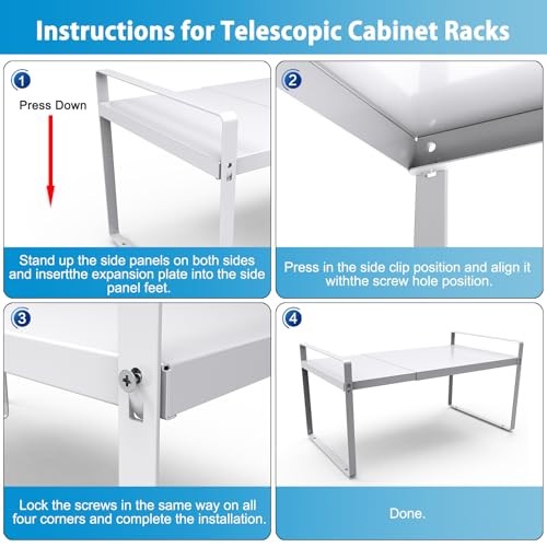 Expandable Shelf for Cabinet, 11" Deep Kitchen Cabinet Organizer, 1 Pack | Adjustable 14-26", Heavy Duty Metal Countertop Riser for Under Sink and Kitchen Cupboard Storage, 55 Lbs Anti-Sag, White - size: 11"D | 1 Pack