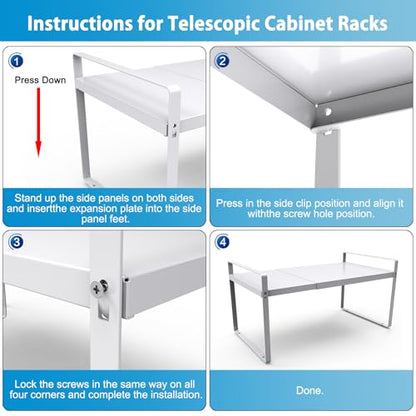 Expandable Shelf for Cabinet, 11" Deep Kitchen Cabinet Organizer, 1 Pack | Adjustable 14-26", Heavy Duty Metal Countertop Riser for Under Sink and Kitchen Cupboard Storage, 55 Lbs Anti-Sag, White - size: 11"D | 1 Pack