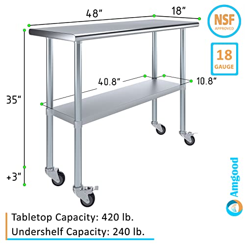 AmGood 48" Long x 18" Deep Stainless Steel Table with Casters - size: 48" Long x 18" Deep