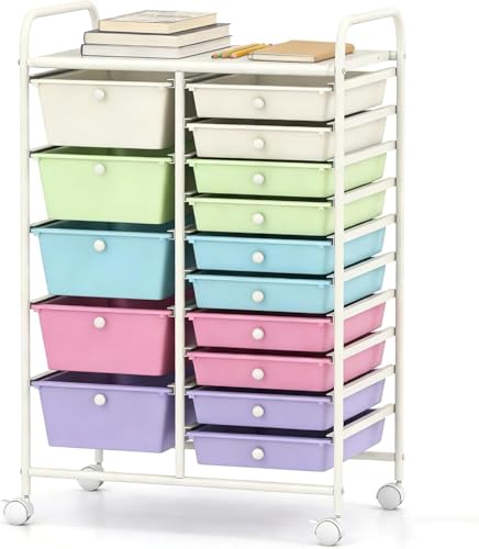 Rolling Cart with 15 Drawers, Utility Cart with Removable Storage Drawers, Lockable Wheels, Art Cart for Home Office Living Room Art Supplies Crafts Paper Scrapbook (Ice Cream) - color: Ice Cream, size: 25"L x 14.5"W x 34.5"H