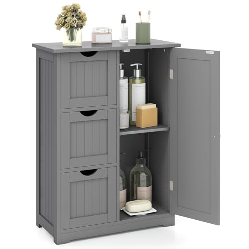 Tangkula Bathroom Floor Cabinet, Freestanding Storage Cabinet with 3 Drawers & Single Door, Adjustable Shelf, Multipurpose Bathroom Storage for Home Office, 23.5 x 12 x 32 Inches (3 Drawers, Grey) - color: Grey, style: 3 Drawers