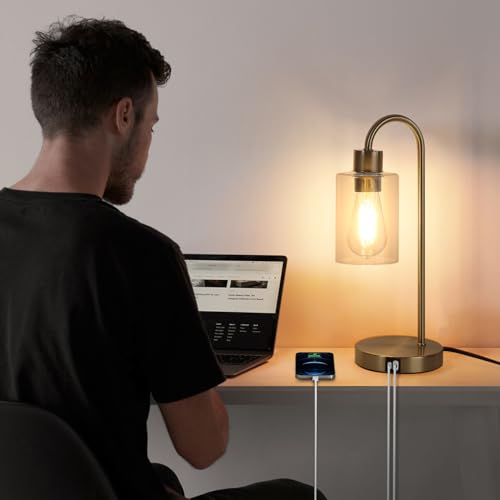 Gold Table Lamp with USB Port, 3 Way Dimmable Touch Control Bedside Lamp, Modern Nightstand Lamp with Glass Shade, Industrial Table Lamp for Bedroom Office, USB A & C, LED Bulb Included - size: 1 Pack