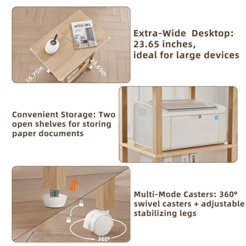 YUFAM 3 Tier Home Printer Stand with Storage, Natural | Wooden Mobile Printer Table Shelf, Rolling Printer Cart Shelf with Lockable Wheels fit Fax Machine, Scanner - color: Wood, size: 15.75"D×23.65"W×25.7"H