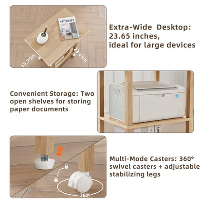 YUFAM 3 Tier Home Printer Stand with Storage, Natural | Wooden Mobile Printer Table Shelf, Rolling Printer Cart Shelf with Lockable Wheels fit Fax Machine, Scanner - color: Wood, size: 15.75"D×23.65"W×25.7"H