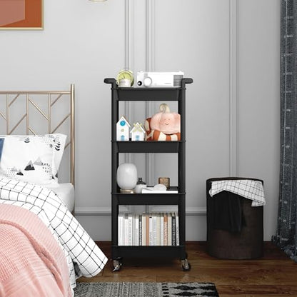 MIOCASA 4-Tier Utility Rolling Cart with Detachable Tray Top, Kitchen Storage Organization, Art Cart with Wheels for Office, Classroom, Livingroom, Kitchen, Bathroom, Black, Plastic - size: 4-Tier, style: Black