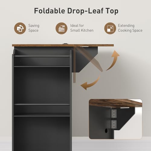 RALGEND Kitchen Island with Power Outlets & Drop Leaf, Rolling Kitchen Cart on Wheels, Kitchen Storage Island with Spice Rack and Drawer for Kitchen, Dinning Room, Black and Rustic Brown - color: Black + Rustic Brown