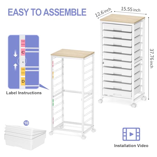 SYKIARIOL Rolling Cart with Drawers,10 Drawer Rolling Cart,Storage Cart with Wheels,Utility Cart with Drawers,Teacher Cart for Classroom Storage,Craft Cart with Wheels and Wooden Tabletop,White - color: white