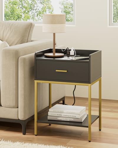 Nightstand with Charging Station,3-Tier Bedside Table for Small Space,Modern Night Stand with Storage Drawer and Shelf,Small Side Table for Bedroom,Living Room,Black - color: Black With Charging Station
