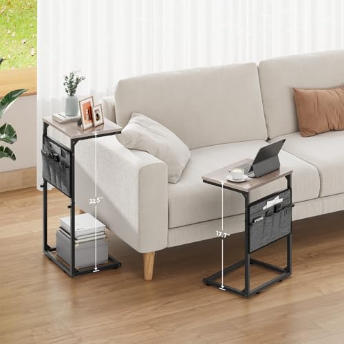 Vagusicc C Shaped End Table, 33'' Tall Side Table for Couch, Adjustable Height Small Couch Side Table for Small Spaces, C Table Slide Under Sofa Table TV Tray Arm Table for Living Room, Bedroom, Grey - color: Greige
