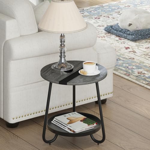 2 Tier Coffee Table in Living Room, Industrial Style Round Coffee Table with Metal Tray, Wood Small Outdoor Coffee Table for Bedroom Balcony Patio, Gray - color: Grey